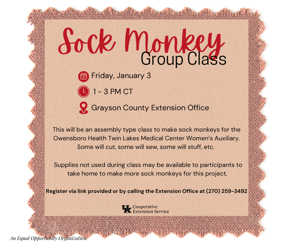 sock monkey group class friday january 3 at 1pm