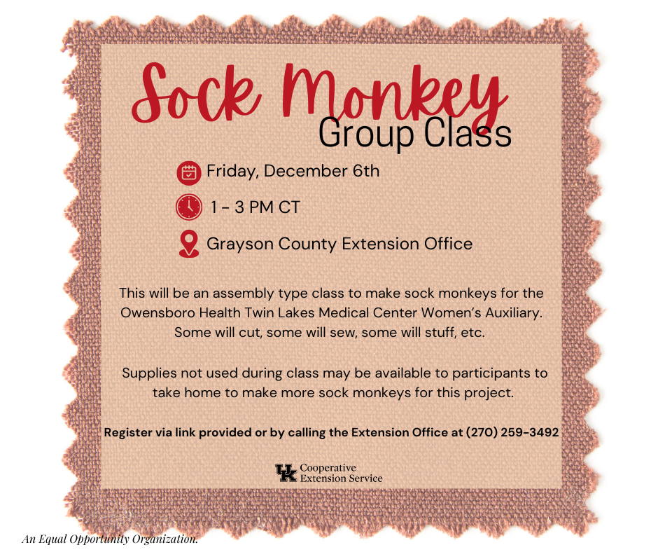 december 6th at 1PM sock monkey group class at grayson county extension office