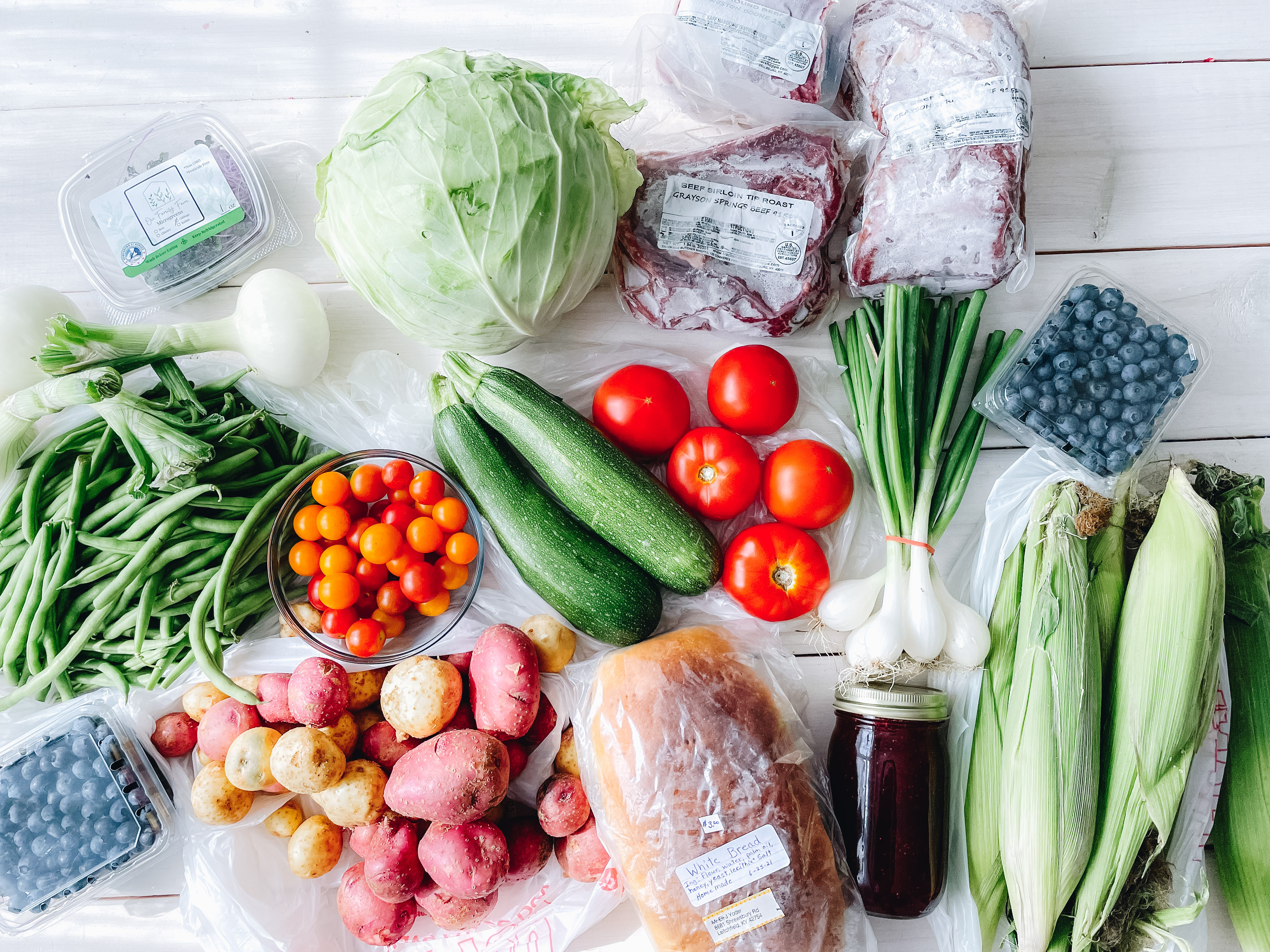 fresh produce, meat, and jelly