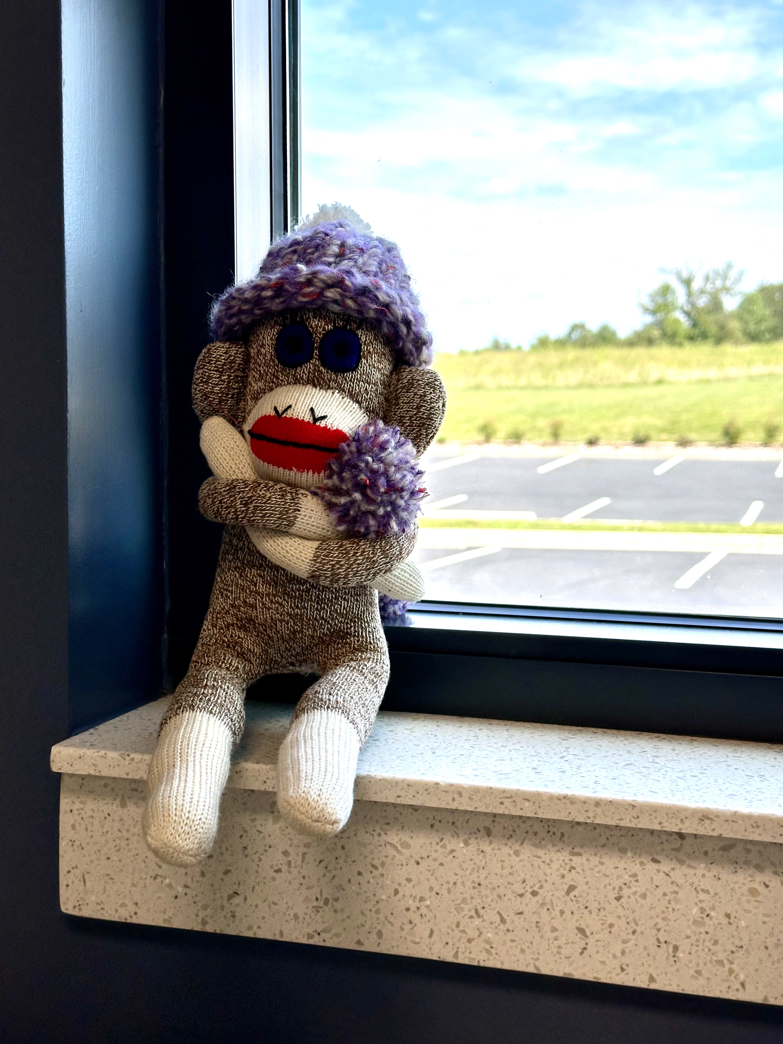 sock monkey sitting in window