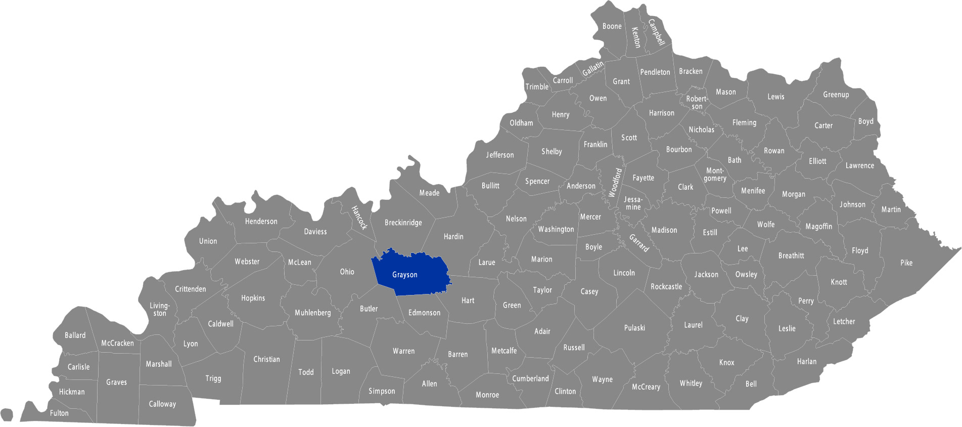 State of Kentucky map with Grayson County highlighted